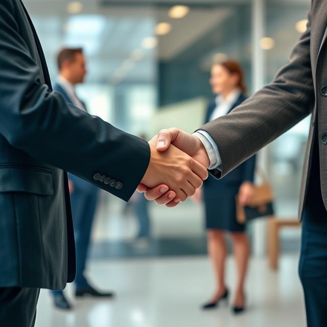 Dos empresarios estrechando manos en un acuerdo comercial, simbolizando la seguridad jurídica en negocios