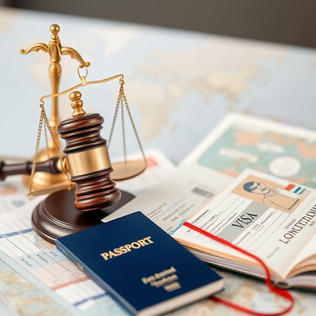 Pasaporte y documentos de visa junto a un mazo judicial, representando los servicios de derecho migratorio