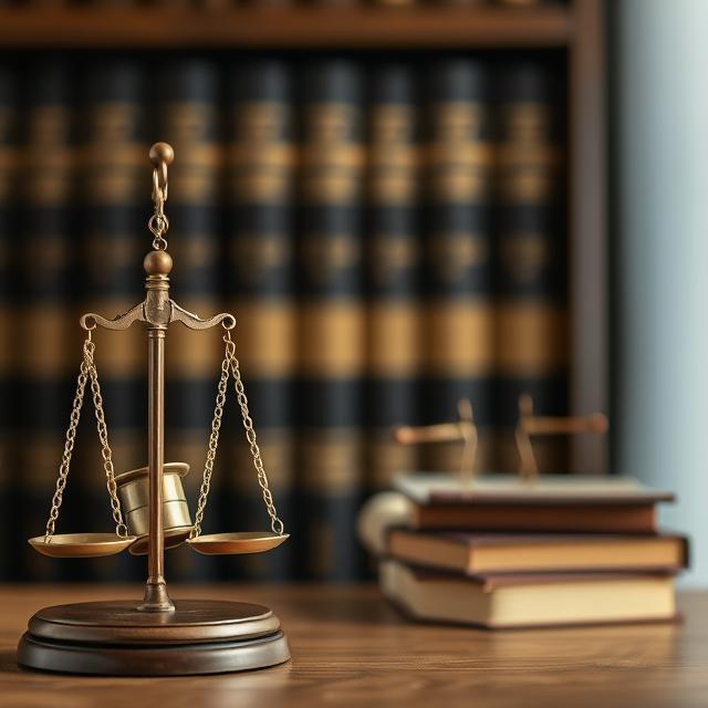 Balanza de la justicia sobre una mesa con libros de derecho laboral, representando asesoría legal en temas laborales